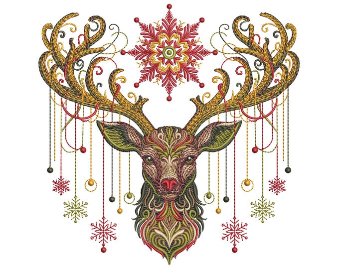 Featured listing image: Christmas Deer Embroidery Design, Winter Reindeer Embroidery Pattern, Royal Stag Embroidery, Majestic Stag Antlers Ornamen, Deer Art Nouveau