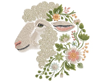Floral Sheep Machine Embroidery Design PES, Spring Lamb Embroidery File, Farm Animal Wall Art, Sheep Head Pattern,Boho Floral Embroidery PES