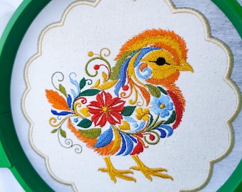 Floral Chicken Machine Embroidery Design, Colorful Folk Art Chick Digital File, 6 Sizes