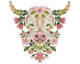Highland Cow Embroidery Design – Floral Farm Animal Pattern for Machine Embroidery – Perfect for Projects, Gifts, and More! Instant Download