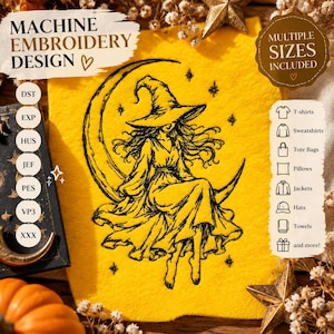 Könnte beinhalten: Ein Maschinenstickdesign mit einer schwarzen Strichzeichnung einer Hexe mit spitzem Hut und fließendem Kleid, die auf einer von Sternen umgebenen Mondsichel sitzt. Das Design enthält die Dateiformate DST, EXP, HUS, JEF, PES, VP3 und XXX.