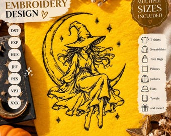 Moon Witch Machine Embroidery Design, Halloween Witch Embroidery File, Magical Woman On Moon Digital Download PES DST JEF, Celestial Witch