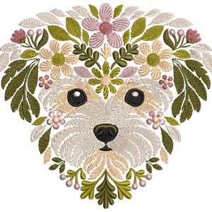 Floral Maltese Dog Machine Embroidery Design, Maltipoo Embroidery Design, Cute Puppy Embroidery Pattern for Dog Lovers, Instant Download