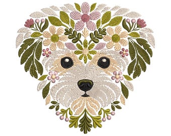 Floral Maltese Dog Machine Embroidery Design, Maltipoo Embroidery Design, Cute Puppy Embroidery Pattern for Dog Lovers, Instant Download