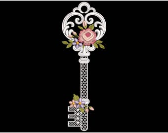 Floral Key Embroidery Design, Vintage Romantic Lace Key with Flowers, Patten for Wedding Gifts, Tote Bags, Pillows Romantic Decor & Apparel
