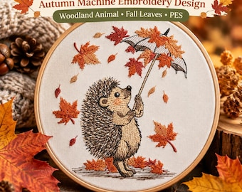 Hedgehog with Umbrella Autumn Machine Embroidery Design, Autumn Fall Machine Embroidery Pattern PES, Woodland Animal Embroidery, Leaves PES