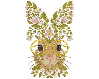 Floral Bunny with Glasses – Machine Embroidery Design, Design Easter Rabbit with Glasses Spring Boho Animal Embroidery, Easter Bunny PES DST