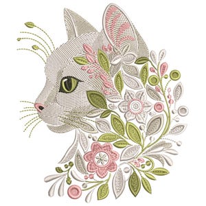 May include: An embroidered design of a cat's profile, adorned with floral elements. The cat is depicted in shades of white and gray, with green eyes and pink accents on the nose and ears. The floral details include pink, green, and white blossoms and leaves.
