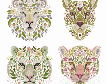 Big Cats Embroidery Bundle, Tiger, Lion, Puma, Jaguar Head Floral Machine Embroidery Design Set, Jungle Animal Embroidery Pack, Wild Cat PES