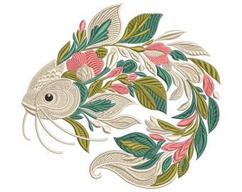 Floral Catfish Embroidery Design – Botanical Machine Embroidery File – Fish Embroidery, Embroidery Fishing, Fish PES DST, Instant Download