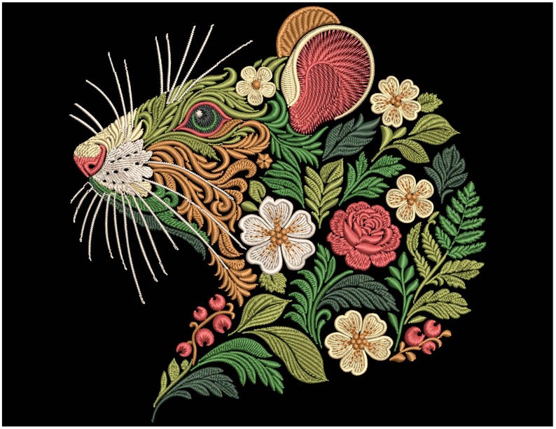 Floral Rat Machine Embroidery Design, Botanical Animal Pattern (PES DST ...