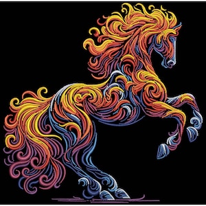 May include: A colourful, stylised image of a rearing horse on a black background. The horse is depicted in an embroidered style, with swirling patterns in yellow, orange, blue, and purple. The design is detailed and visually striking.