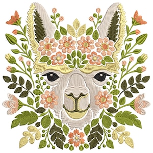 May include: An embroidered design featuring a llama's face adorned with a floral wreath of pink, orange, and yellow flowers. The llama has a white face with brown eyes and a brown nose. The background is white.