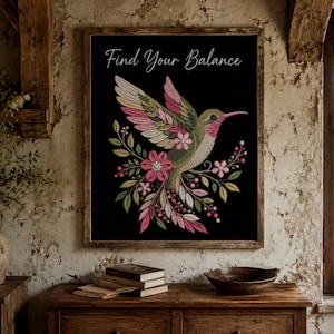 Floral hummingbird machine embroidery design with pink flowers, green leaves, cream feathers and botanical branches.