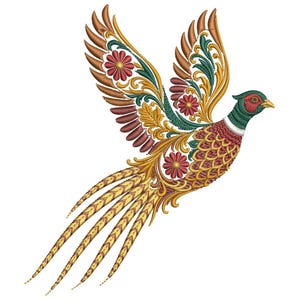 May include: An embroidery design of a pheasant in flight, featuring a green head, red face, and a body with intricate gold, brown, and red floral and leaf patterns. The long, slender tail feathers are rendered in gold with brown accents.