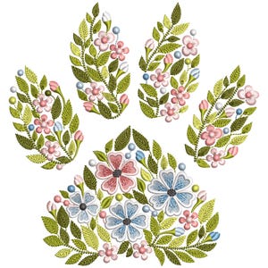 Könnte beinhalten: Gesticktes Pfotenabdruck-Design mit rosa, blauen und grünen Blumen. Der Pfotenabdruck besteht aus fünf Blumenbüscheln.