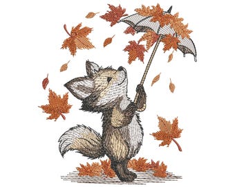 Fox with Umbrella Embroidery Design, Autumn Leaves Fall Machine Embroidery Pattern, Fox Pattern PES, Animal Embroidery Download DST PES Jef