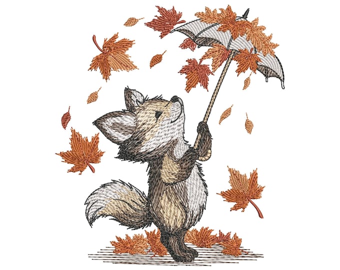 Featured listing image: Fox with Umbrella Embroidery Design, Autumn Leaves Fall Machine Embroidery Pattern, Fox Pattern PES, Animal Embroidery Download DST PES Jef
