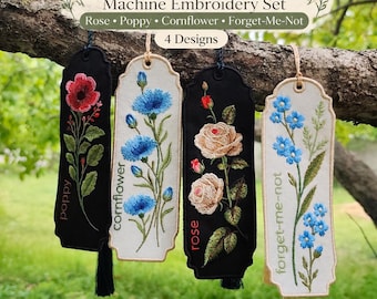 Floral Bookmark Machine Embroidery Set, Rose Poppy Cornflower Forget-Me-Not, 4 Designs, Flower Embroidery PES DST JEF File