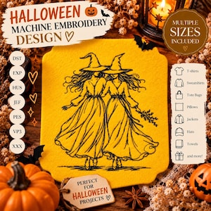 ハロウィン魔女姉妹のミシン刺繍デザイン、ゴシック魔女のブラックワーク刺繍、魔女の帽子のPES DST JEFファイル、ハロウィンパターン