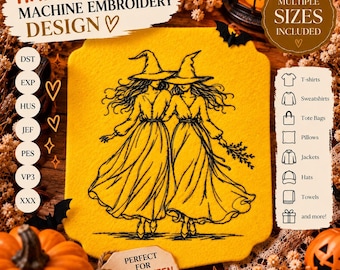 Halloween Witch Sisters Machine Embroidery Design, Gothic Witches Blackwork Embroidery, Witch Hat PES DST JEF Files, Halloween Pattern