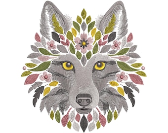 Wolf Embroidery Design, Floral Wolf Machine Embroidery Design, Wolf Pattern File, Animal Embroidery Design, Instant Download 6 sizes