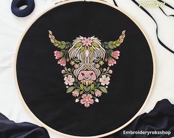 Highland Cow Hand Embroidery Pattern, Floral Botanical Cow Design, Folk Art Nature Embroidery, DIY Hoop Wall Art PDF Download