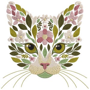 Floral Cat Machine Embroidery Design: Cute Animal Face for Sweatshirts & T-shirts, Cat Pattern, Pet Embroidery, Floral Animal Embroidery PES