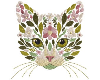 Floral Cat Machine Embroidery Design: Cute Animal Face for Sweatshirts & T-shirts, Cat Pattern, Pet Embroidery, Floral Animal Embroidery PES