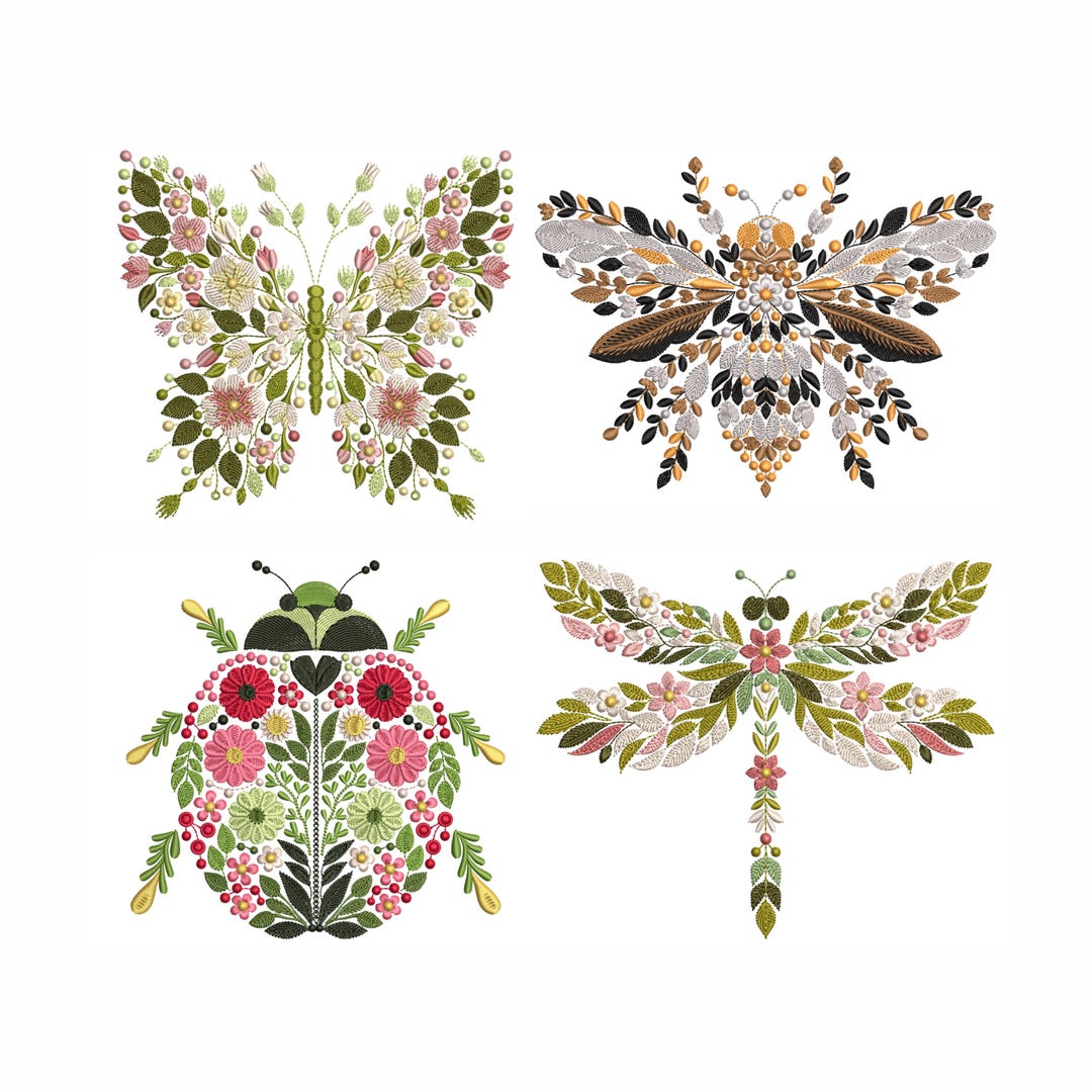 Floral Insect Machine Embroidery Design – Butterfly, Dragonfly, Ladybug ...