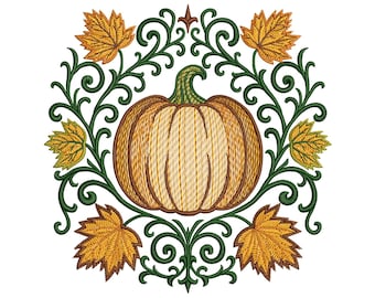 Pumpkin Embroidery Design – Fall Machine Embroidery, Autumn Pumpkin with Leaves, Instant Download for DIY Projects & Apparel, Pumpkin PES