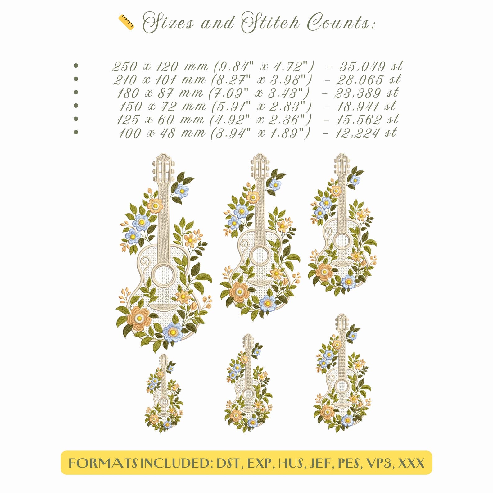 Embriodry Instruments Floral Guitar Embroidery Design – Machine Embroidery Pattern ...