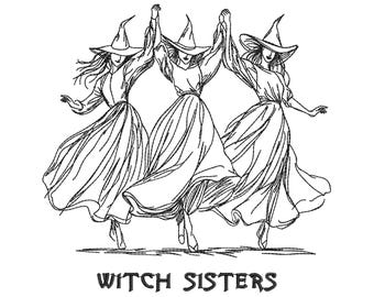 Witch Sisters Halloween Embroidery Design PES – Halloween Art with Witches Dancing for Machine Embroidery, Unique Witches Embroidery PES