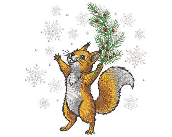 Christmas Squirrel with Pine Twig Machine Embroidery Design, Winter Animal Embroidery, Snowflakes Embroidery Pattern PES, Squirrel PES DST