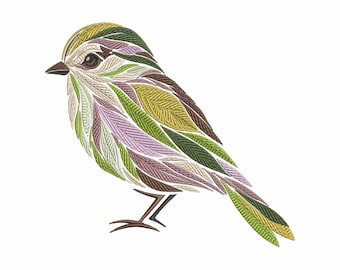Floral Sparrow Machine Embroidery Design – Botanical Leaf Bird Pattern, Sparrow Machine Pattern PES, DST, VP3, Bird Embroidery PES Download