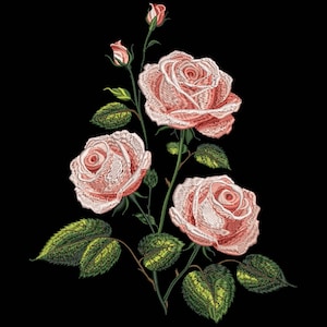 May include: Embroidered design of pink roses with green leaves and stems on a black background. The roses are in various stages of bloom, with detailed stitching creating a realistic floral pattern. A classic botanical illustration.