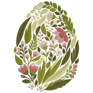 Könnte beinhalten: Gestickte Blumenmuster in Form eines Eies. Das Design zeigt rosa und weiße Blumen mit grünen Blättern.