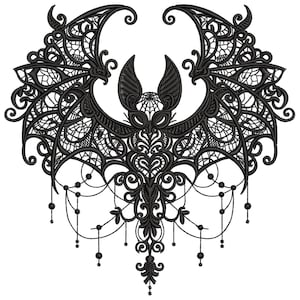 May include: A black, ornate bat design with intricate lace-like detailing. The bat has outstretched wings, a central body, and dangling beaded accents. The design is symmetrical and suitable for various craft projects.