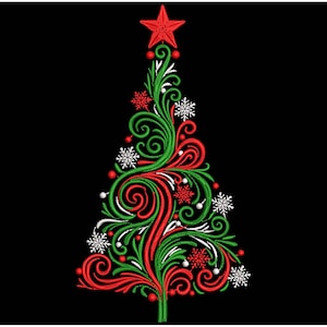 May include: Embroidered Christmas tree design with red, green, and white swirls, snowflakes, and a red star on top. The tree is set against a black background, creating a festive holiday image.