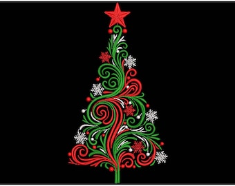 Elegant Swirl Christmas Tree Embroidery Design PES, Swirly Holiday Tree with Star, Snowflakes, Embroidery Pattern PES DST, Tree Pattern pes