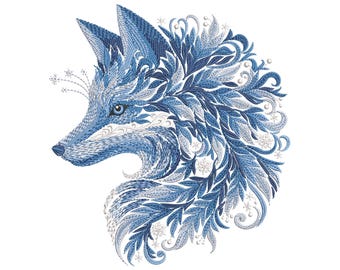 WINTER FOX — Machine Embroidery Design PES, Blue Winter Fox Embroidery Design, Ornamental Frost Fox Pattern, Winter Animal Embroidery File