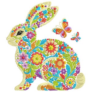 Floral Easter Bunny Embroidery Design – Spring Rabbit with Flowers, Machine Embroidery File, Easter Rabbit with Butterflies, Spring Pattern