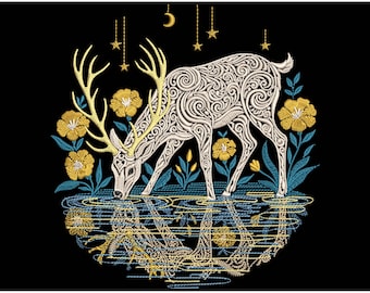 Magic Deer Embroidery Design, Mystical Stag Reflecting Water Embroidery, Floral Woodland Embroidery, Animal Embroidery, Deer Pattern PES DST