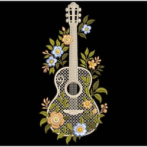 Floral Guitar Embroidery Design – Machine Embroidery Pattern, Embroidery of Musical Instruments, Guitar Embroidery For Music Lovers PES DST
