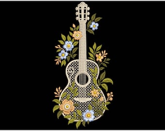 Floral Guitar Embroidery Design – Machine Embroidery Pattern, Embroidery of Musical Instruments, Guitar Embroidery For Music Lovers PES DST