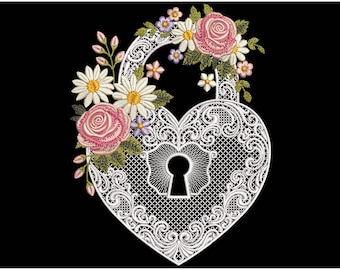 Vintage Love Lock Machine Embroidery Design PES, Romantic Victorian Pattern, Heart Lock with Floral Embroidery, Antique Lace Lock Embroidery