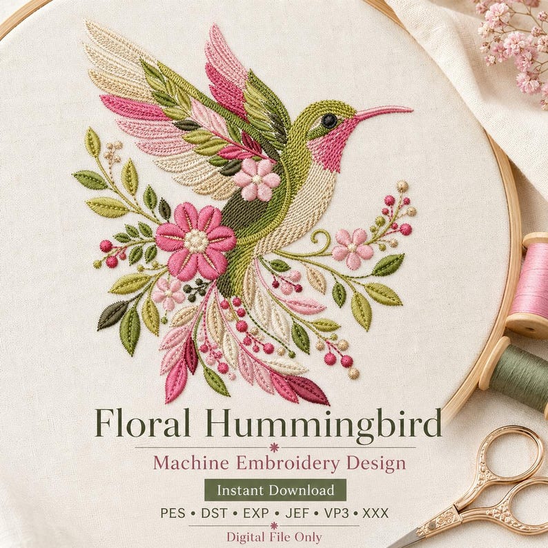 Floral hummingbird machine embroidery design with pink flowers, green leaves, cream feathers and botanical branches.
