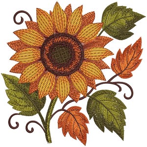 May include: Embroidered sunflower with detailed petals in shades of yellow, orange, and brown. The flower is accompanied by green and orange leaves, and brown stems with decorative swirls. The design is set against a white background.