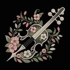 May include: An embroidered design of a violin surrounded by flowers and leaves on a black background. The violin is silver with black strings, and the flowers are pink and white. The leaves are green and pink.