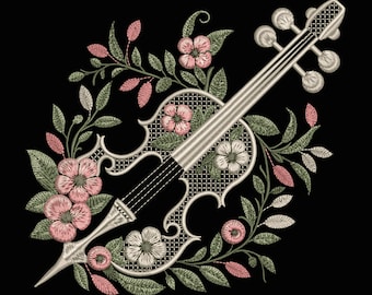 Floral Cello Embroidery Design In Baroque Style, For Music Lovers, Botanical Cello Pattern, Romantic Cello with Blossoms Embroidery PES